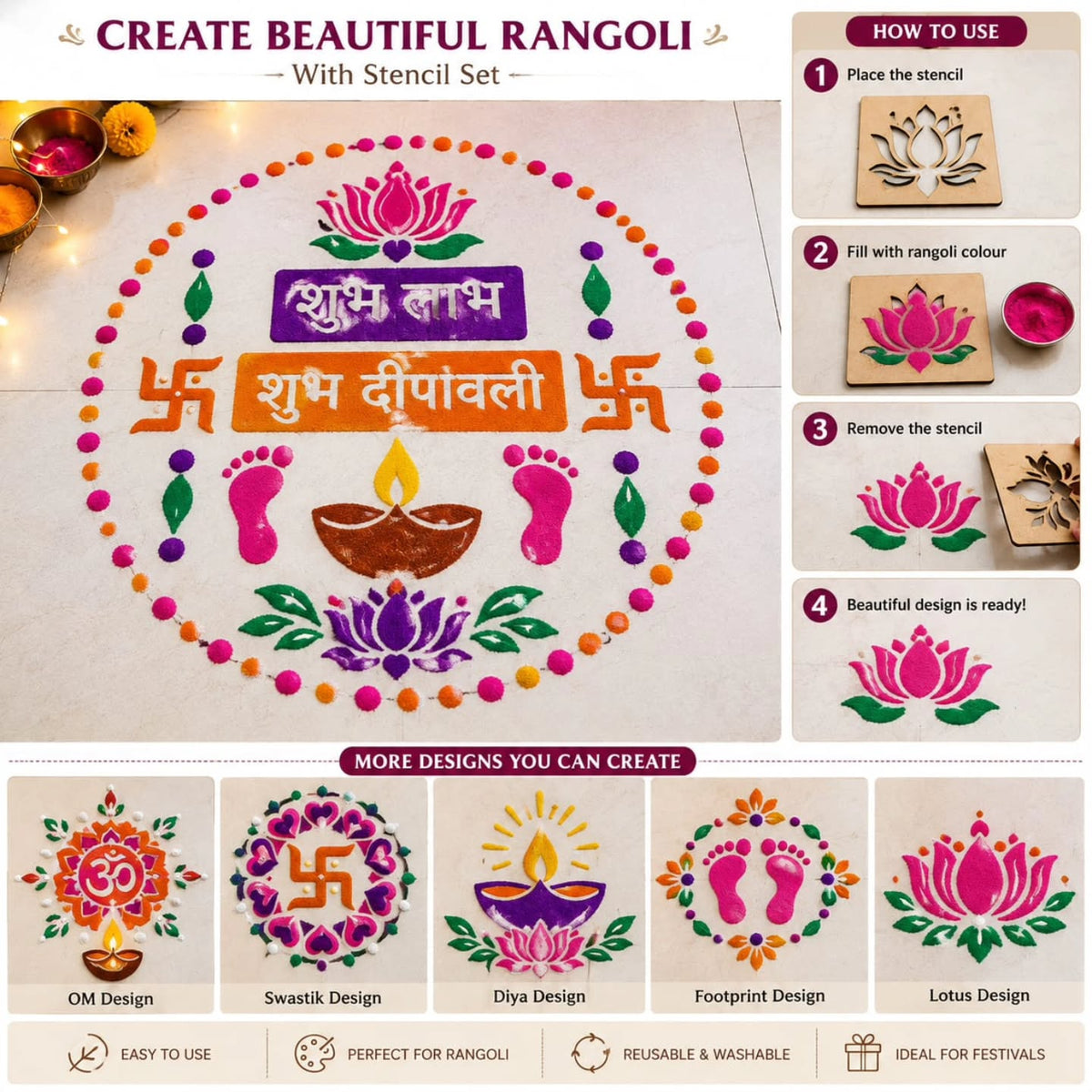 Premium Wooden Rangoli Stencils (Set of 10) – Easy Festive Home Decor
