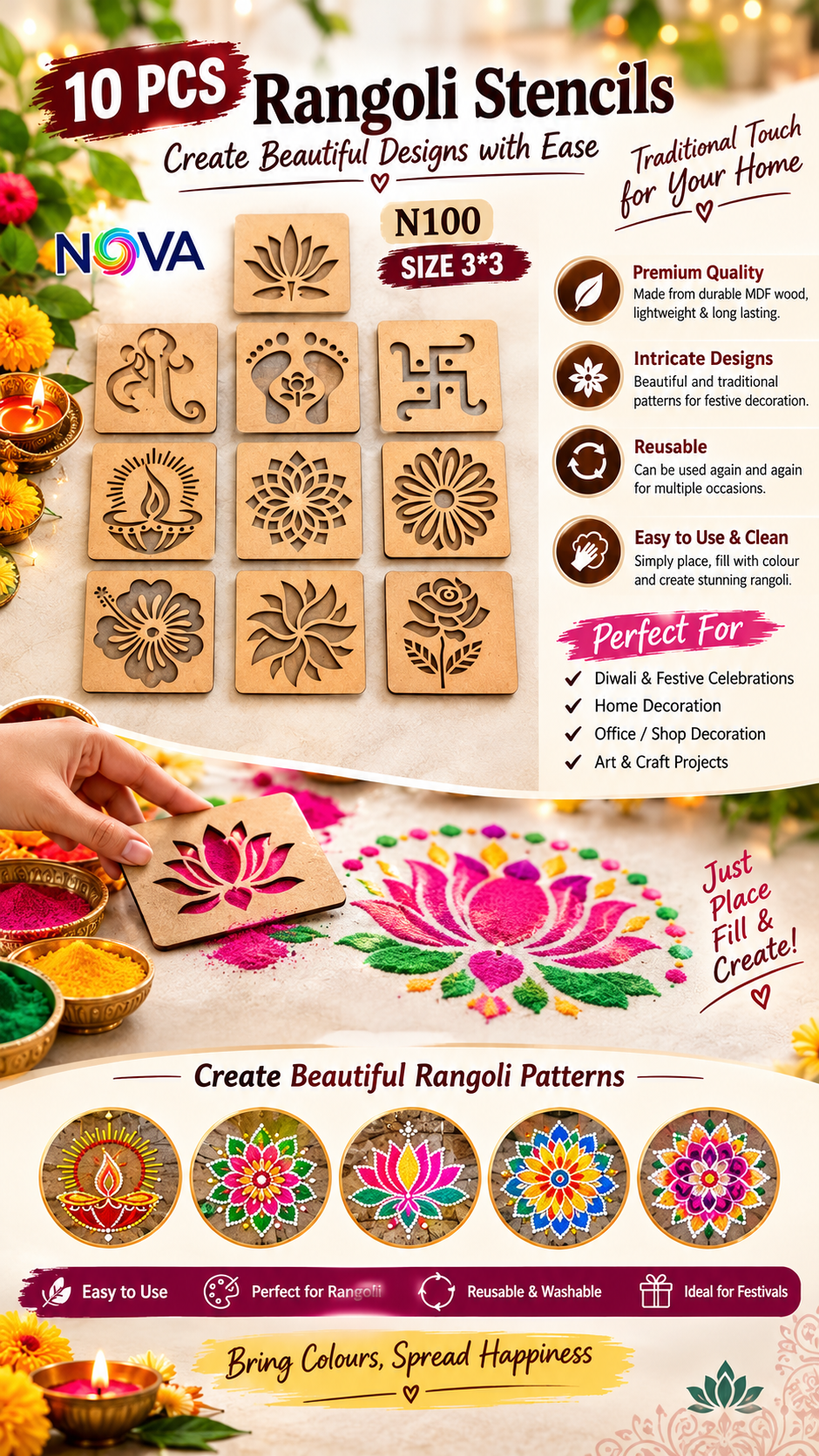 Premium Wooden Rangoli Stencils (Set of 10) – Easy Festive Home Decor