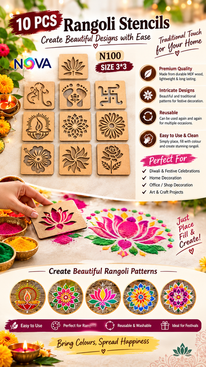 Premium Wooden Rangoli Stencils (Set of 10) – Easy Festive Home Decor