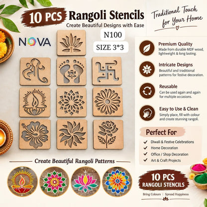 Premium Wooden Rangoli Stencils (Set of 10) – Easy Festive Home Decor
