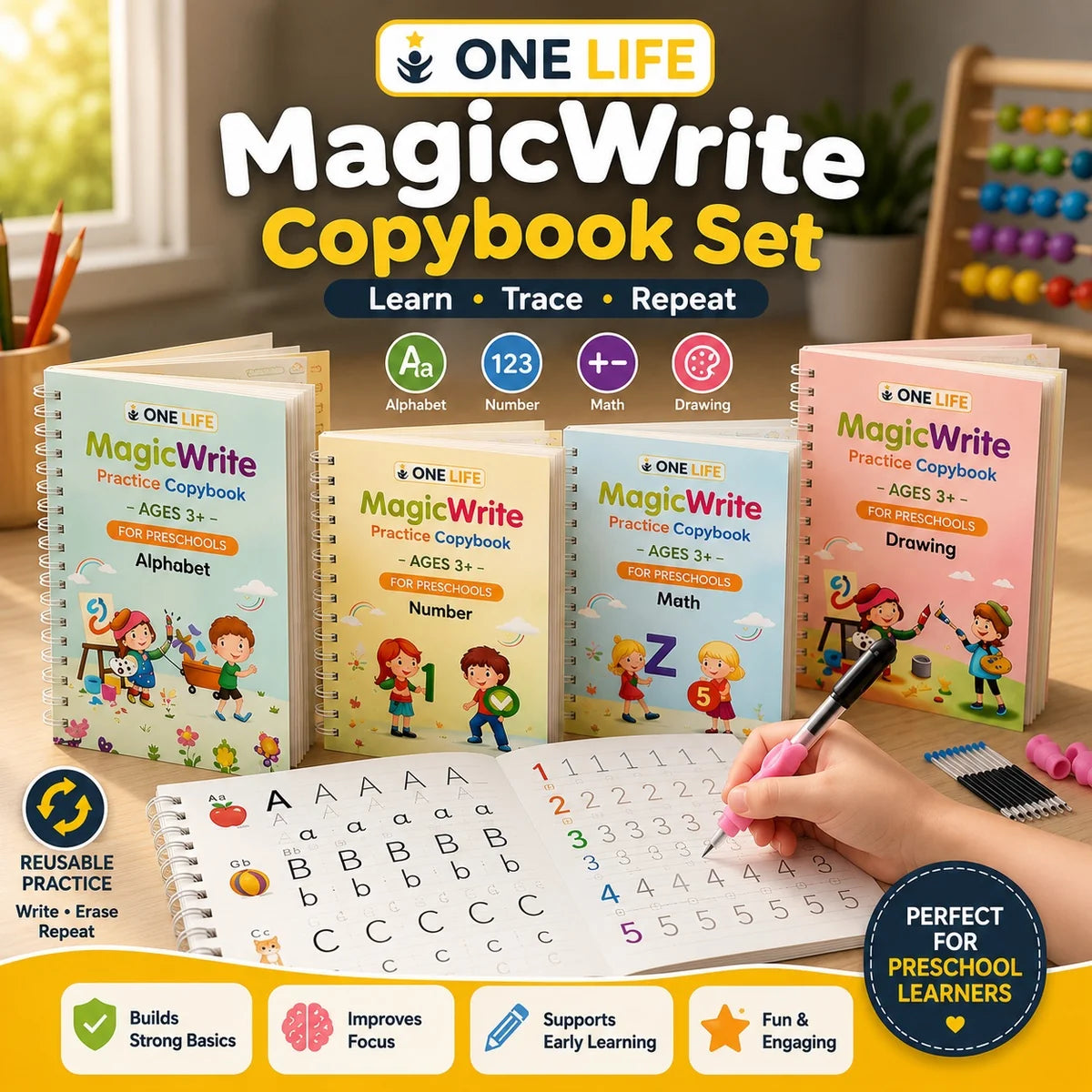 Magic Book for Kids, Sink Magic Practice CopyBook, (4 Books+10 Refills+1 Pen+1 Grip) ( Pack Of 1 )